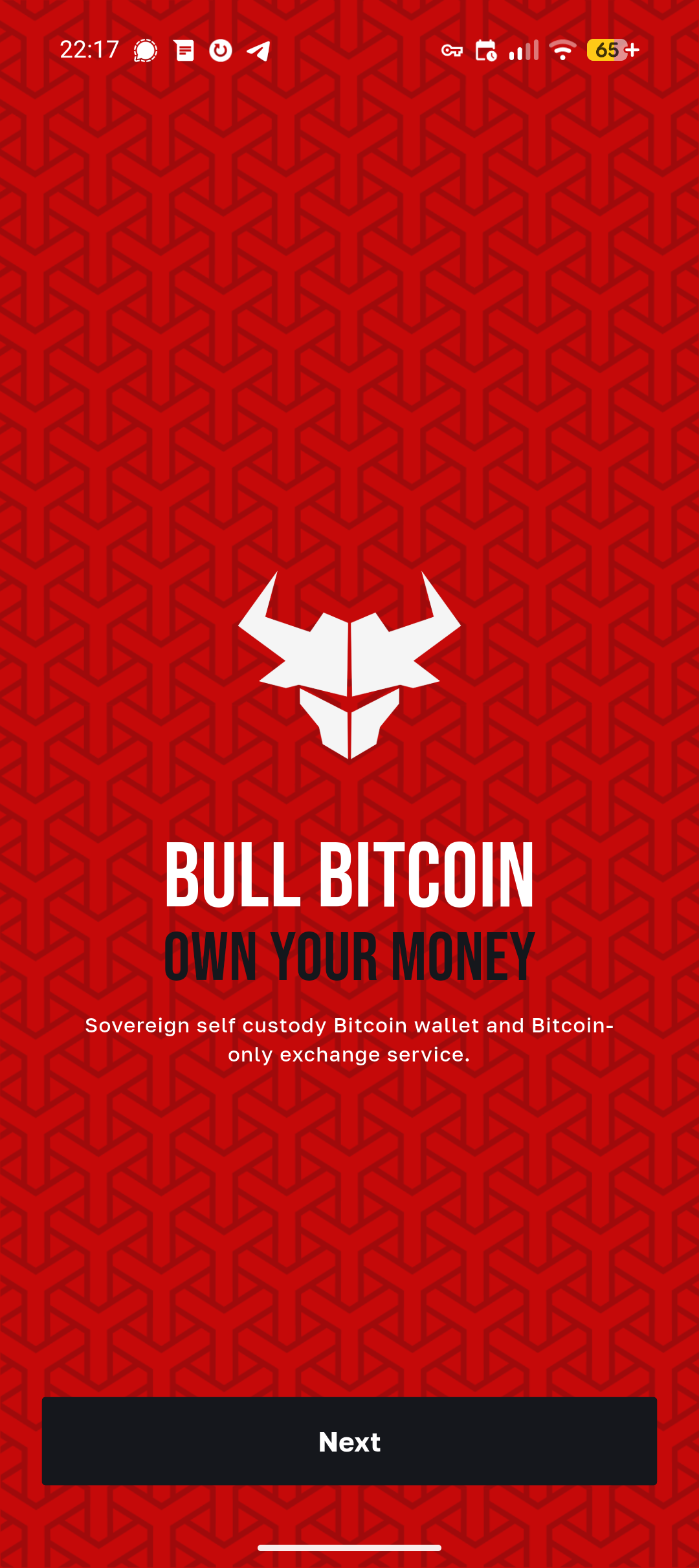 Bull Bitcoin welcome screen, own your money
