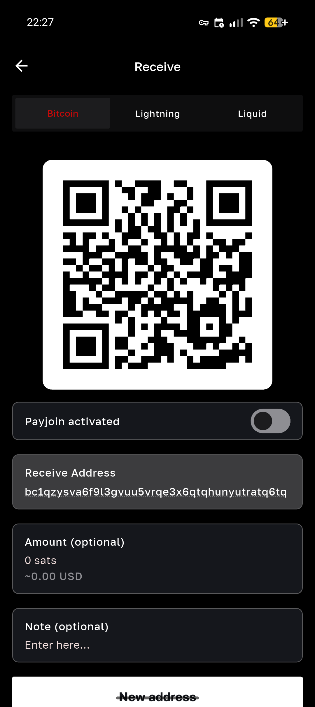Bull receive screen with Bitcoin, Lightning and Liquid tabs